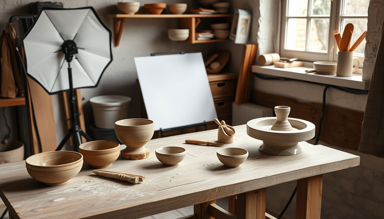 Unglazed clay bowls, wooden tools and a small pottery wheel on a dusty workbench with a softbox light set up beside it, illustrating behind the scenes content