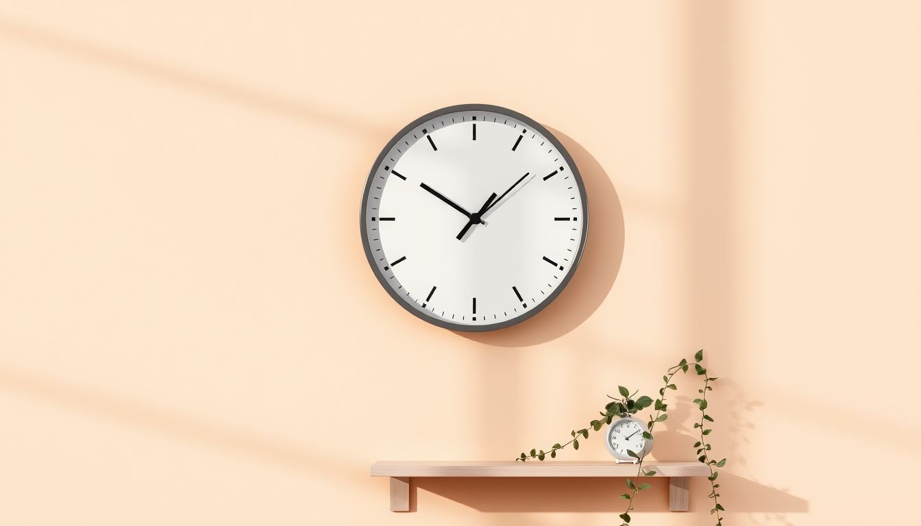 Wall clock on a sunlit peach wall above a small shelf with a trailing plant, illustrating the best time to post on Instagram