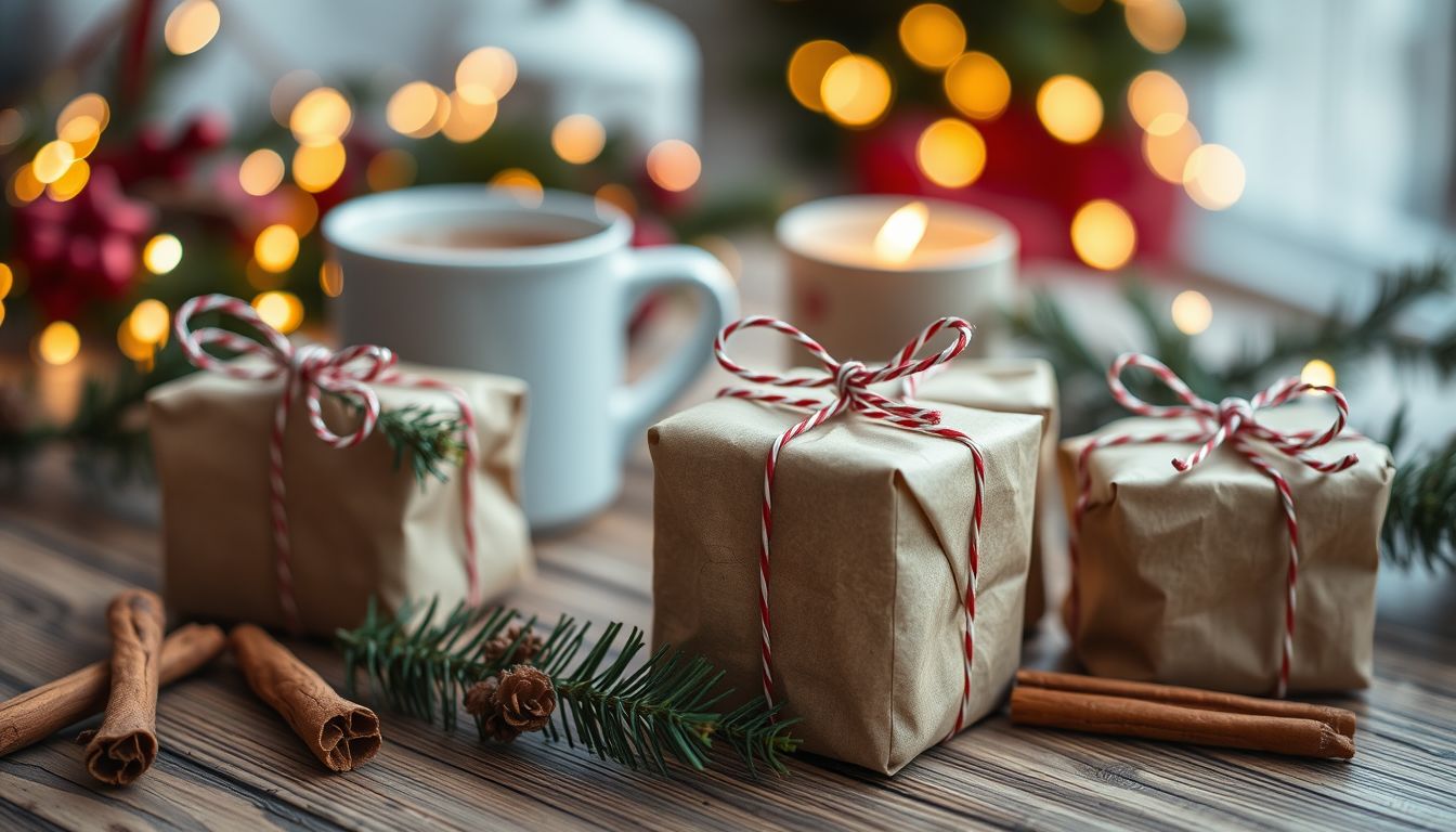Presents wrapped in brown paper and festive string beside pine, cinnamon and fairy lights, illustrating Christmas social media campaign ideas