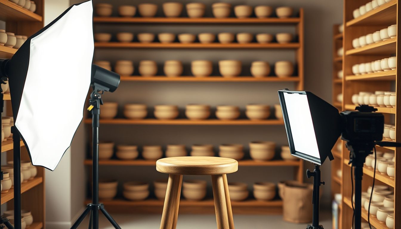 Wooden stool between two softbox lights in a pottery shop, illustrating customer testimonial videos