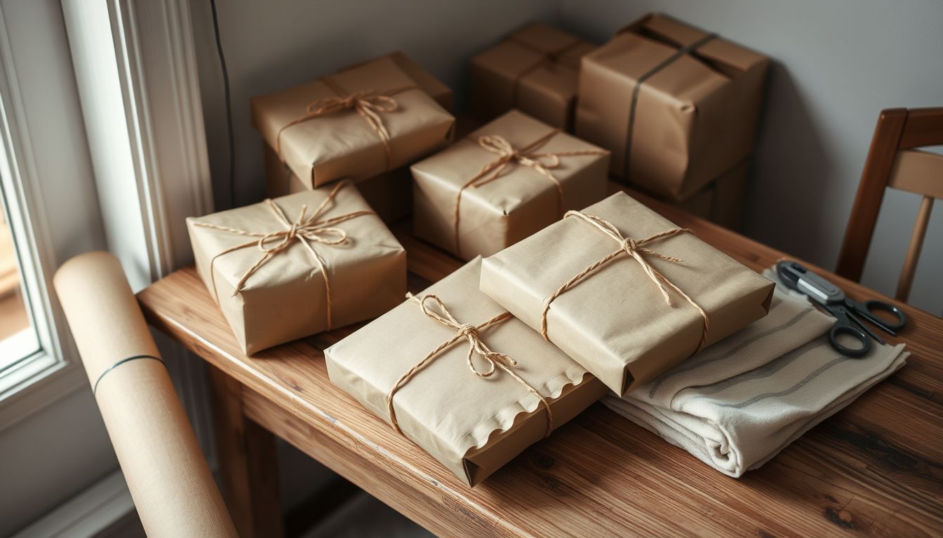 Brown paper parcels tied with twine beside a roll of kraft paper, scissors and a folded tea towel on a wooden packing table by a window, illustrating an ecommerce social media strategy