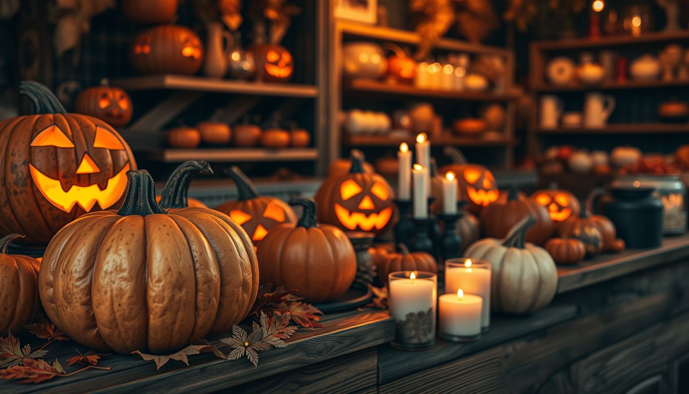 Carved glowing jack-o-lanterns, plain pumpkins, lit candles and autumn leaves on a dark wooden shop counter with decorated shelves behind, illustrating halloween social media ideas