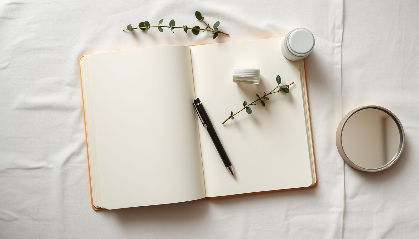 Open blank notebook with a pen, glass jars and eucalyptus on linen, illustrating an influencer brief