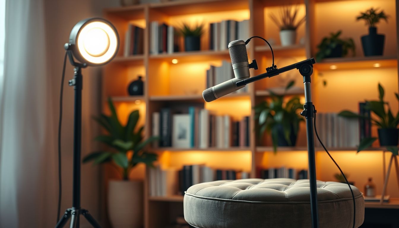 Ring light, microphone and an empty velvet stool in front of a bookshelf, illustrating an Instagram Live setup