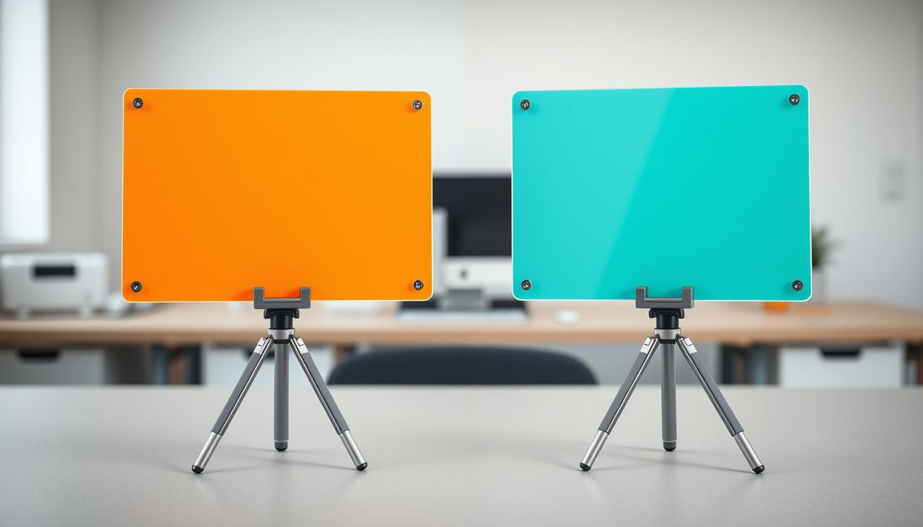 Orange panel and teal panel on matching tripods on a desk, illustrating Instagram Reels vs TikTok