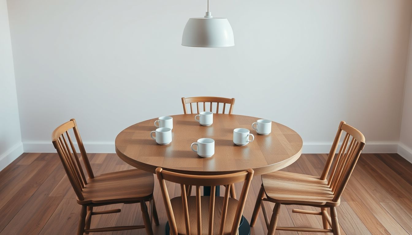 Round wooden table with coffee mugs and empty chairs, illustrating Reddit marketing
