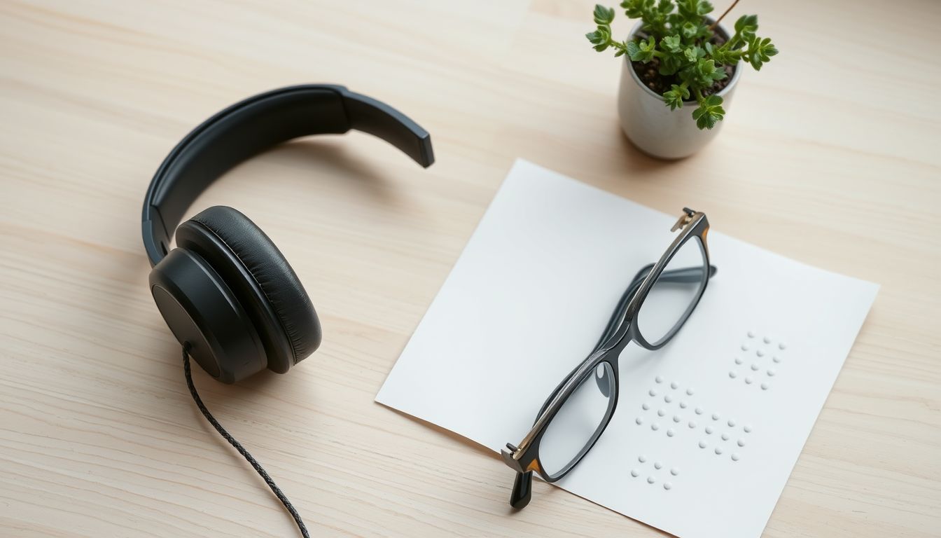 Headphones, reading glasses and a sheet of raised dots on a wooden desk, illustrating social media accessibility