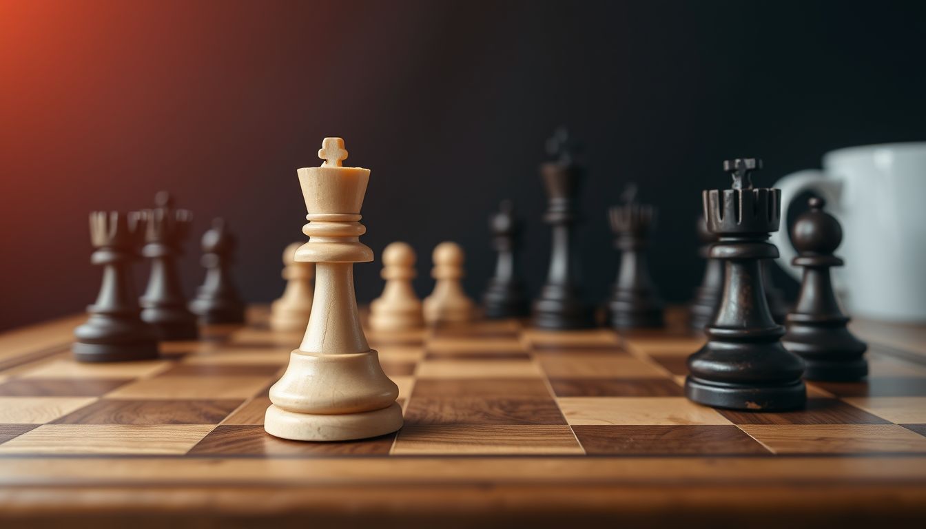 Pale chess king facing a row of dark pieces on a wooden board, illustrating social media competitor analysis