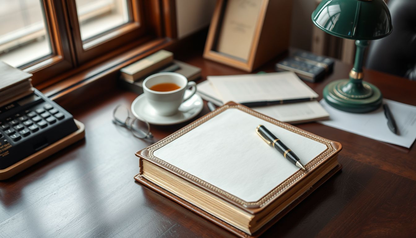 Leather ledger, fountain pen, glasses and a cup of tea under a green desk lamp, illustrating social media for accountants