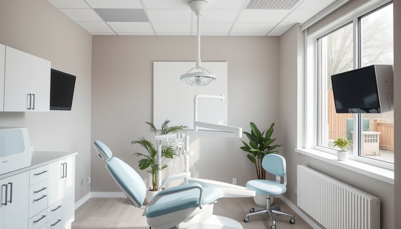 Bright modern dental treatment room with a pale blue chair, illustrating social media for dentists