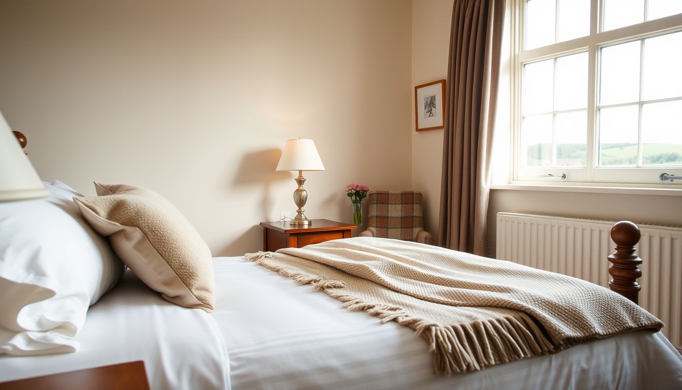 Cosy country inn bedroom with white linen, a wool throw and a window onto green hills, illustrating social media for hotels