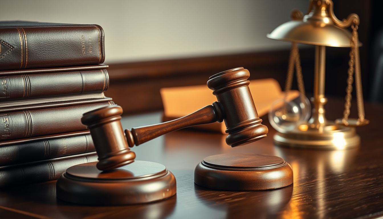 Wooden gavel beside leather-bound books and brass scales on a desk, illustrating social media for law firms