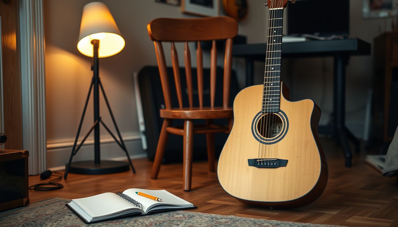 Acoustic guitar leaning beside a wooden chair with an open notebook and pencil on the floor of a lamp-lit rehearsal room, illustrating social media for musicians