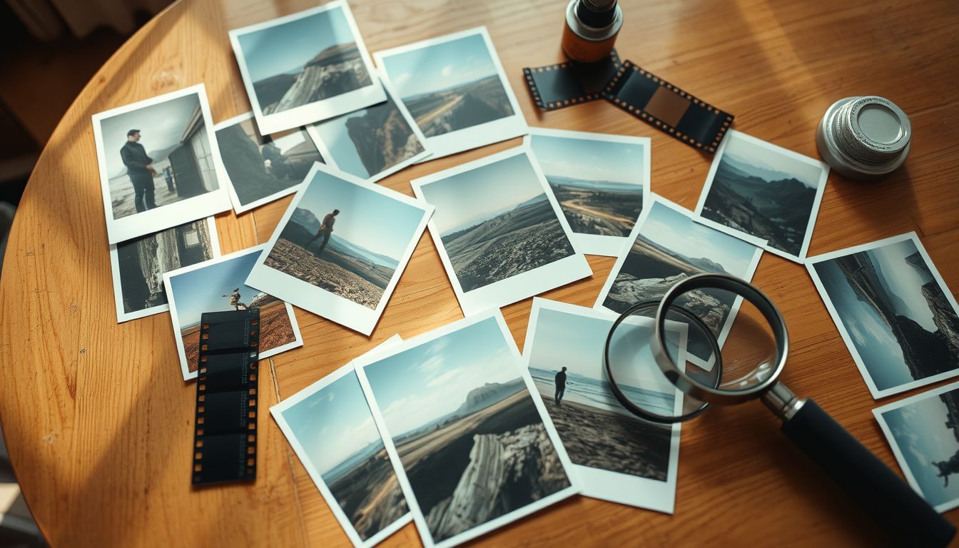 Instant-style landscape prints spread across a round wooden table with film strips and a magnifying loupe, illustrating social media for photographers