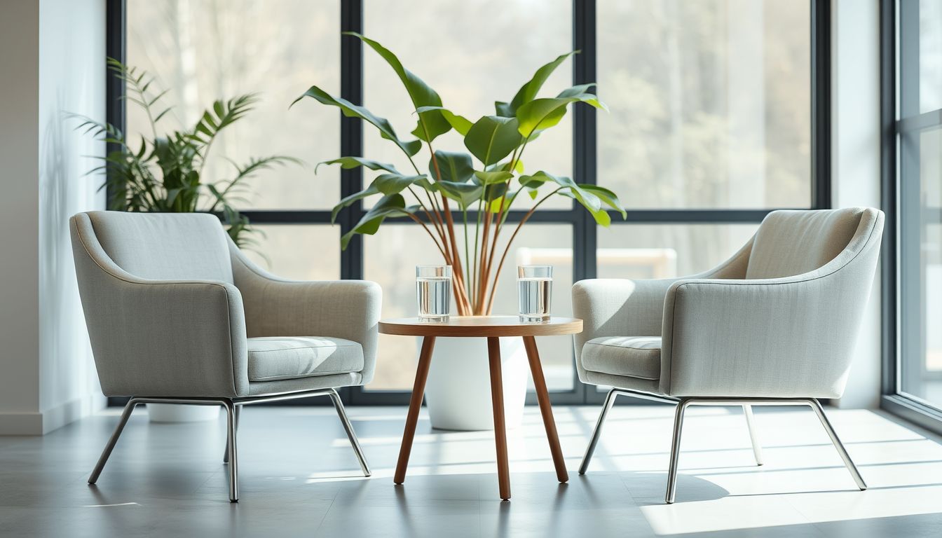 Two armchairs facing each other across a small table with glasses of water, illustrating social media for recruitment