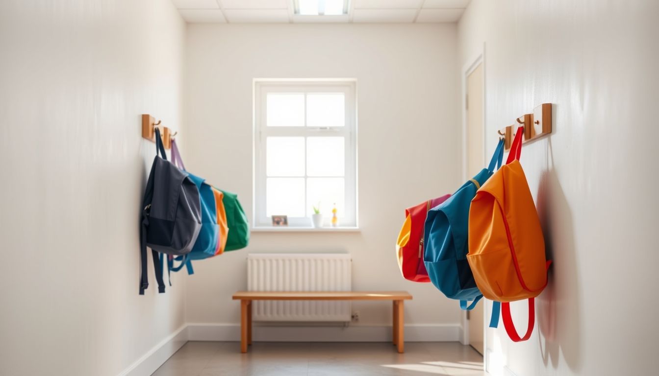 Colourful backpacks hanging on pegs in a bright school corridor, illustrating social media for schools