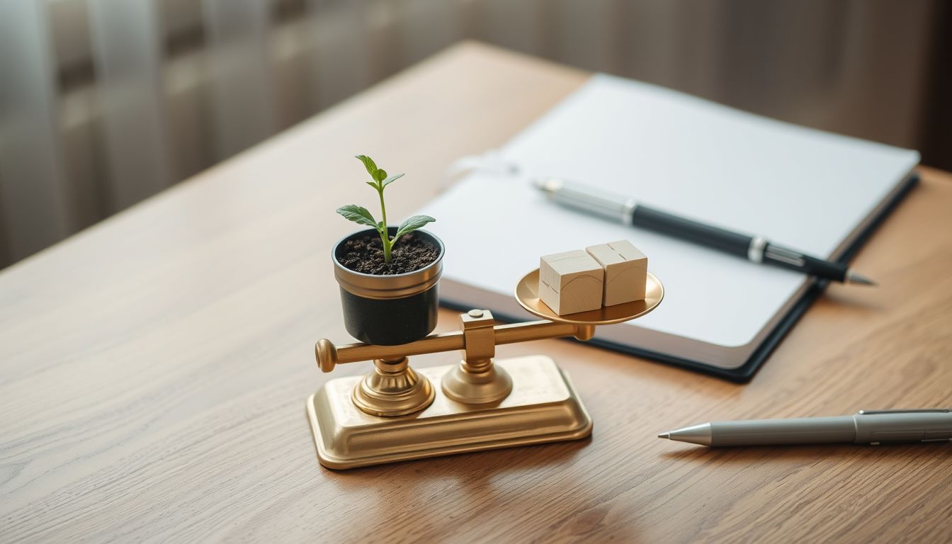 Brass balance scale holding a seedling and wooden blocks beside a notebook, illustrating social media ROI
