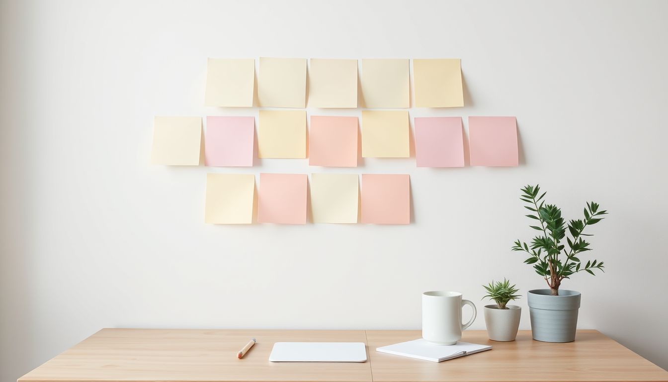 Rows of blank pastel sticky notes on a white wall above a tidy wooden desk with a mug, notepad, pencil and two potted plants, illustrating a social media strategy for 2027