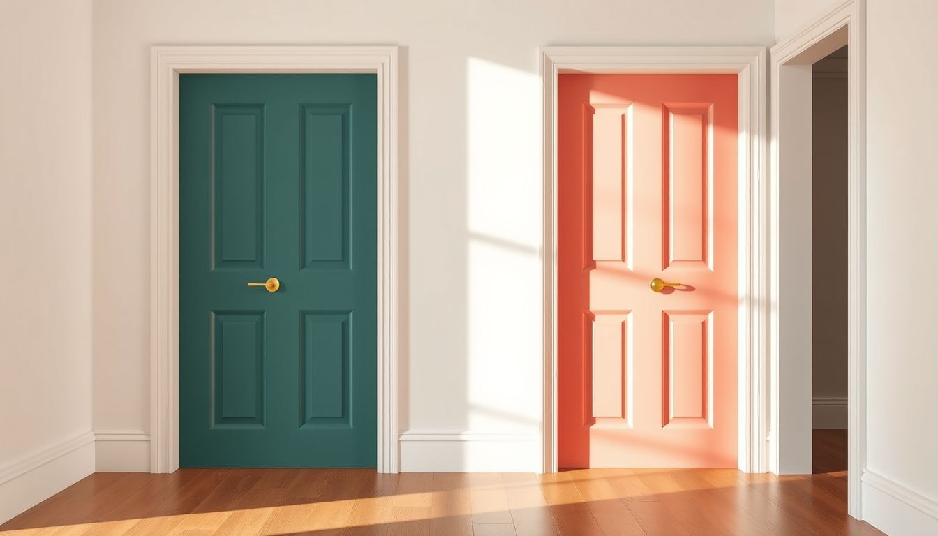 Teal door and coral door side by side in a white hallway, illustrating TikTok business account vs creator