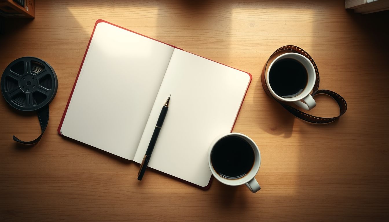 Open blank notebook and pen beside a film reel and cups of coffee on a wooden desk, illustrating how to turn blog posts into videos