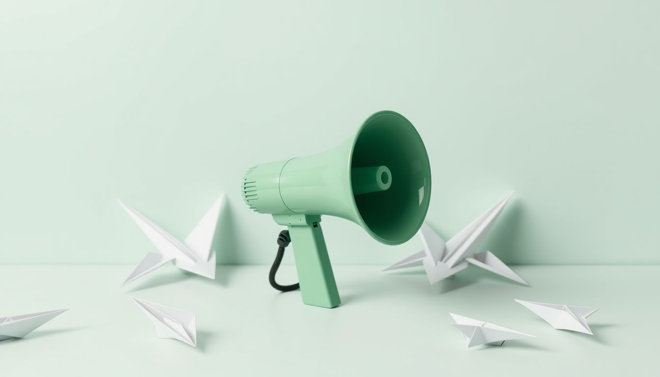 Green megaphone surrounded by white paper planes, illustrating WhatsApp Channels for business